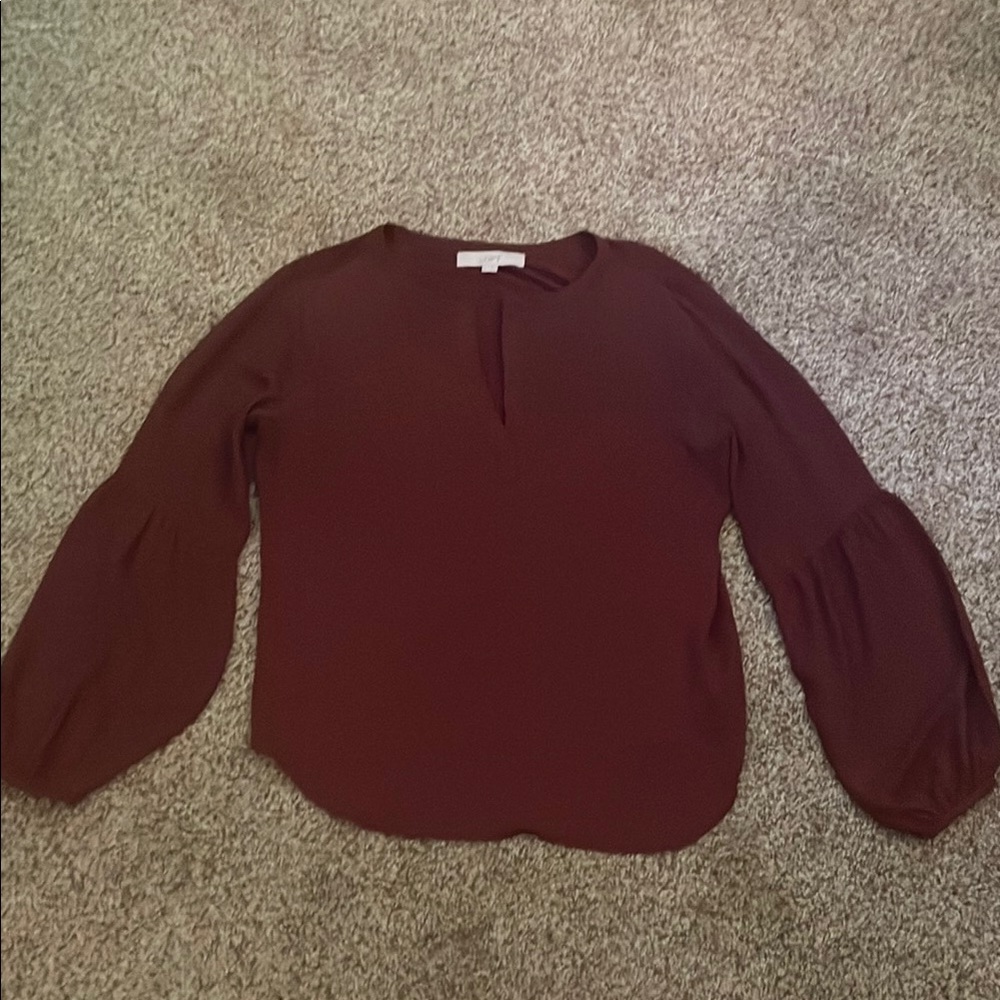 LOFT Red Blouse with Relaxed Ruched Sleeves and Mandarin Collar